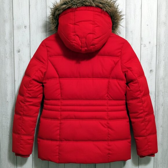 ESPRIT Women's Red Puffer Jacket Faux Fur Hood Toggle Winter Down Coat Size (M) - Picture 5 of 9